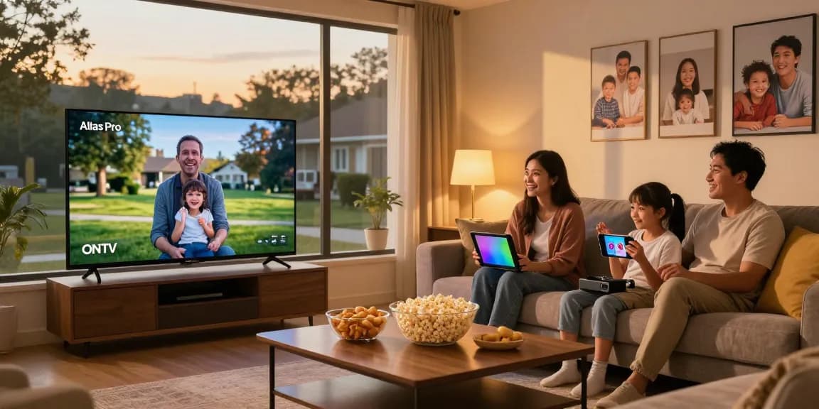 Famille profitant d'Atlas Pro ONTV dans leur salon chaleureux, abonnés à un service IPTV.