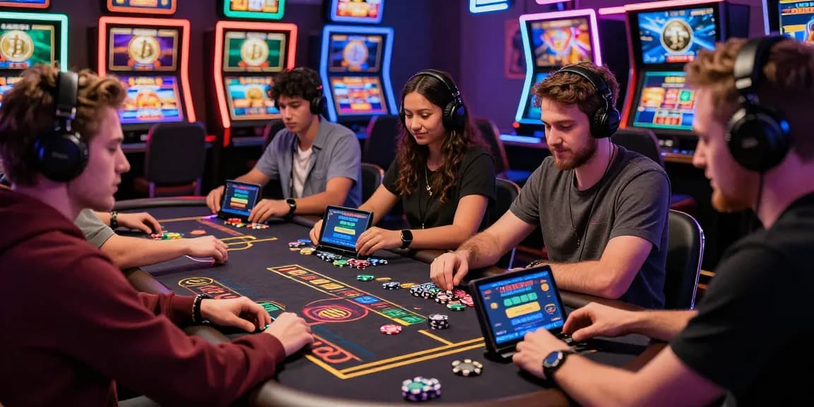 Retrait crypto casino : Joueurs dans un casino numérique avec des gains instantanés en cryptomonnaies.