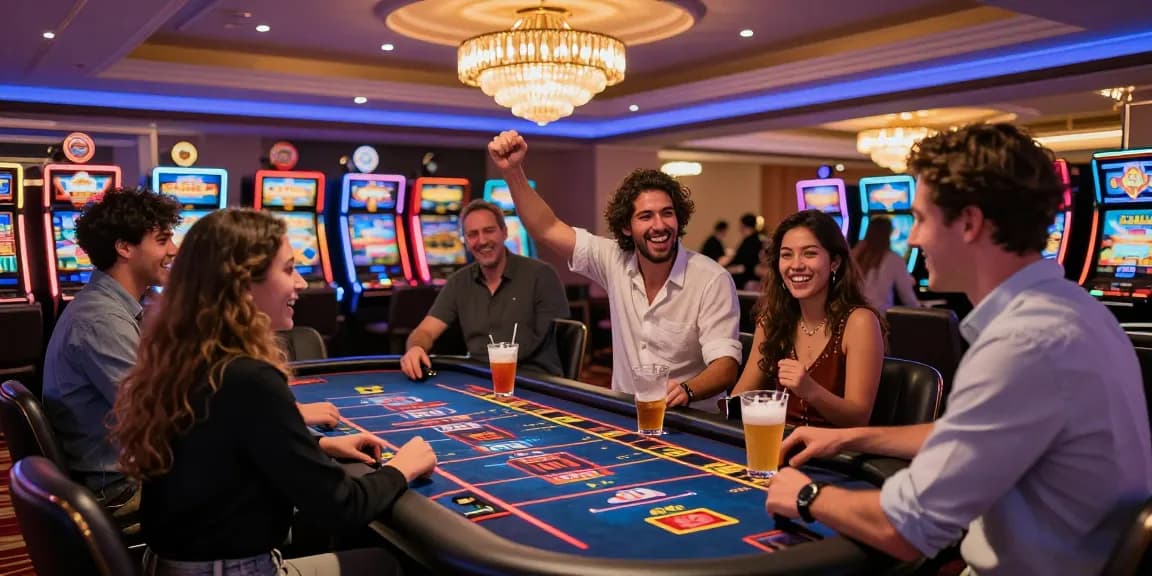 Expérience festive dans un casino en ligne en France, groupe d'amis jouant à une table de jeu, ambiance lumineuse et joyeuse.