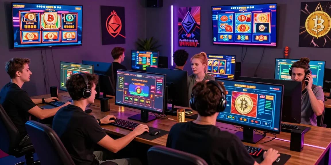 Joueurs enthousiastes sur des Bitcoin casinos en ligne, profitant de l'expérience de jeu avec des cryptomonnaies dans un environnement vibrant et technologique.