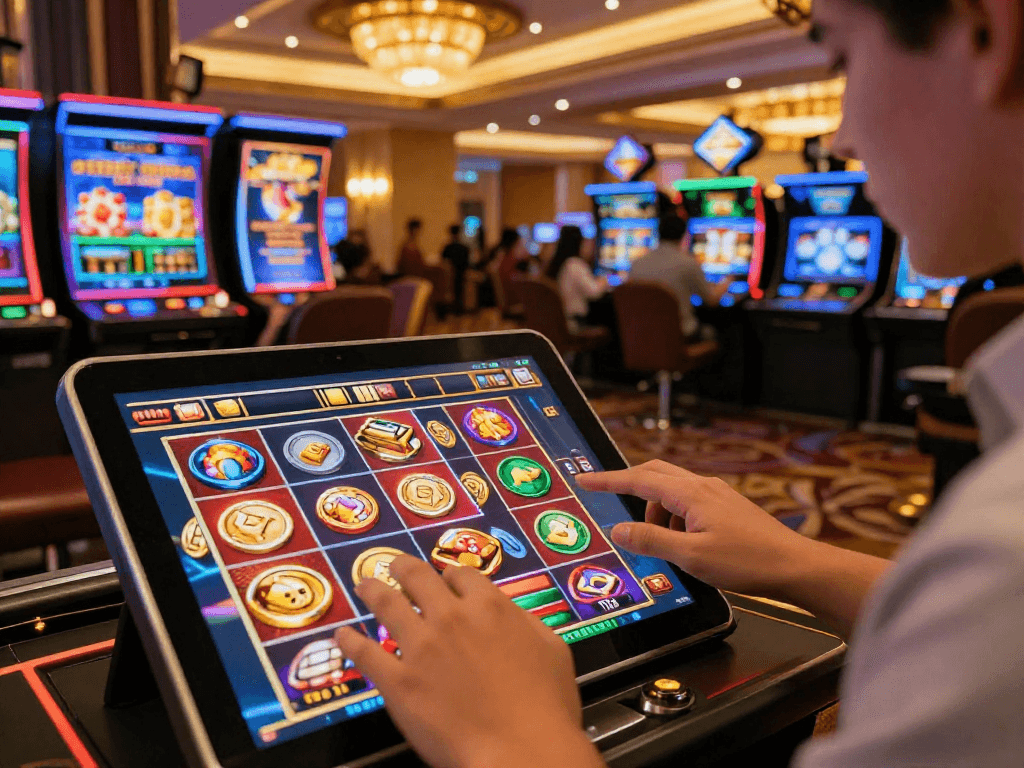 Expérience immersive sur un nouveau casino en ligne, avec un joueur captivé par une machine à sous virtuelle.