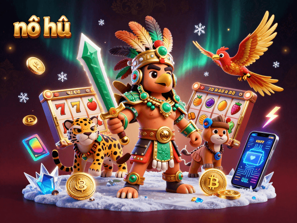 Engage in thrilling nổ hũ gameplay with vibrant slot reels and dynamic characters in a colorful casino setting.