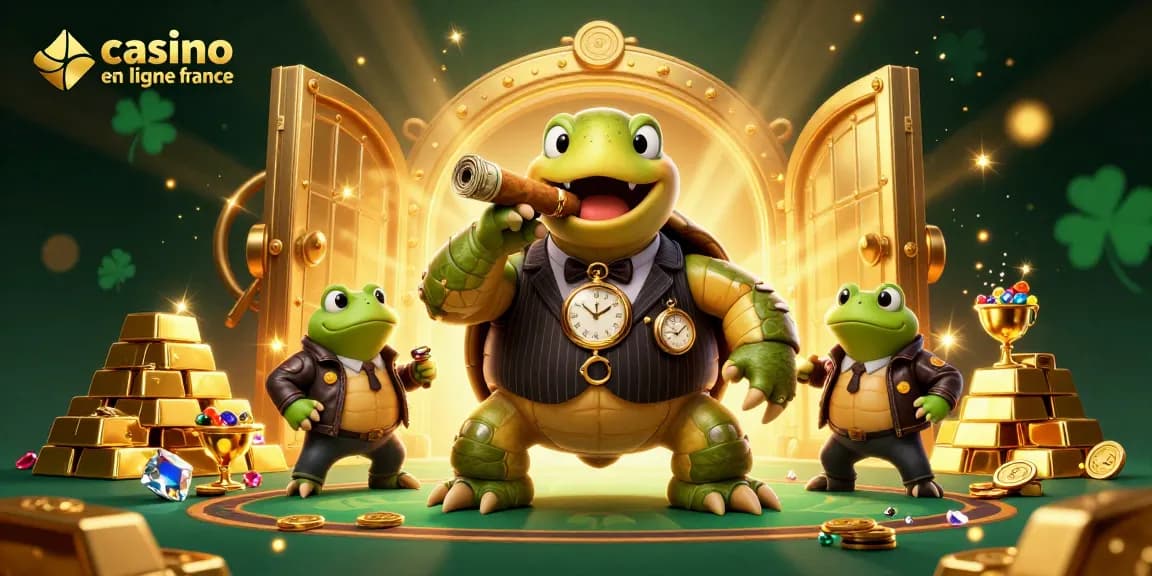 Image immersive du casino en ligne France avec un personnage central créatif entouré de symboles et d'éléments de jeu.