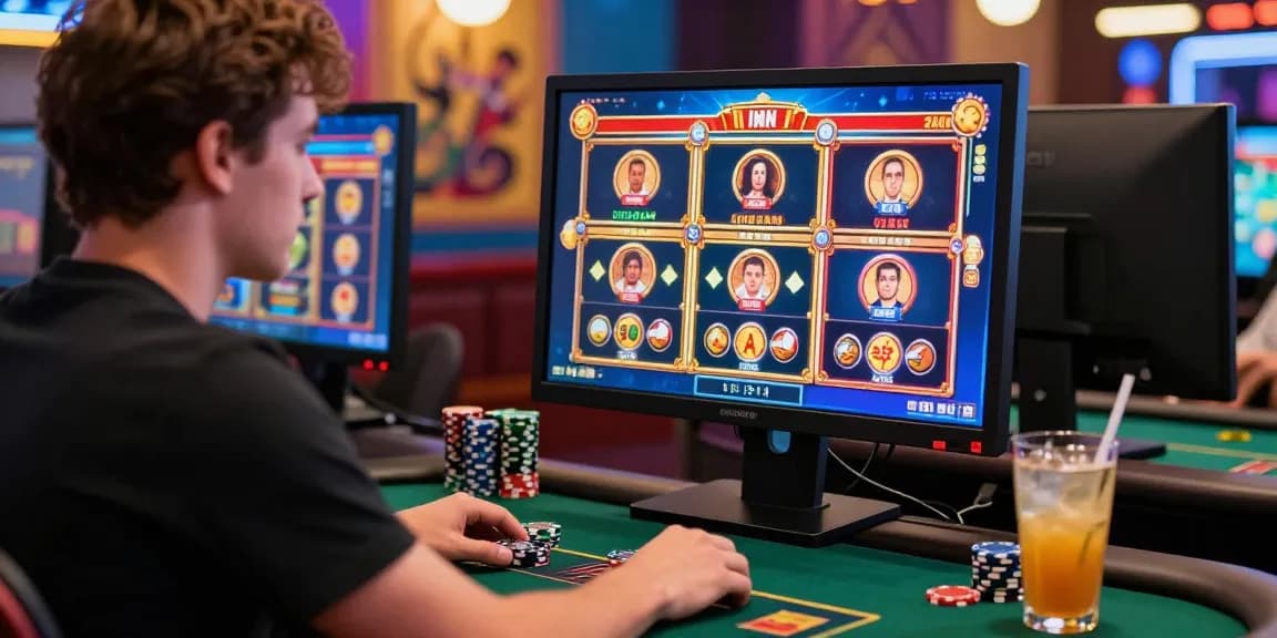Une scène dynamique sur un site de casino en ligne avec un joueur étudiant des jeux et des graphiques animés.