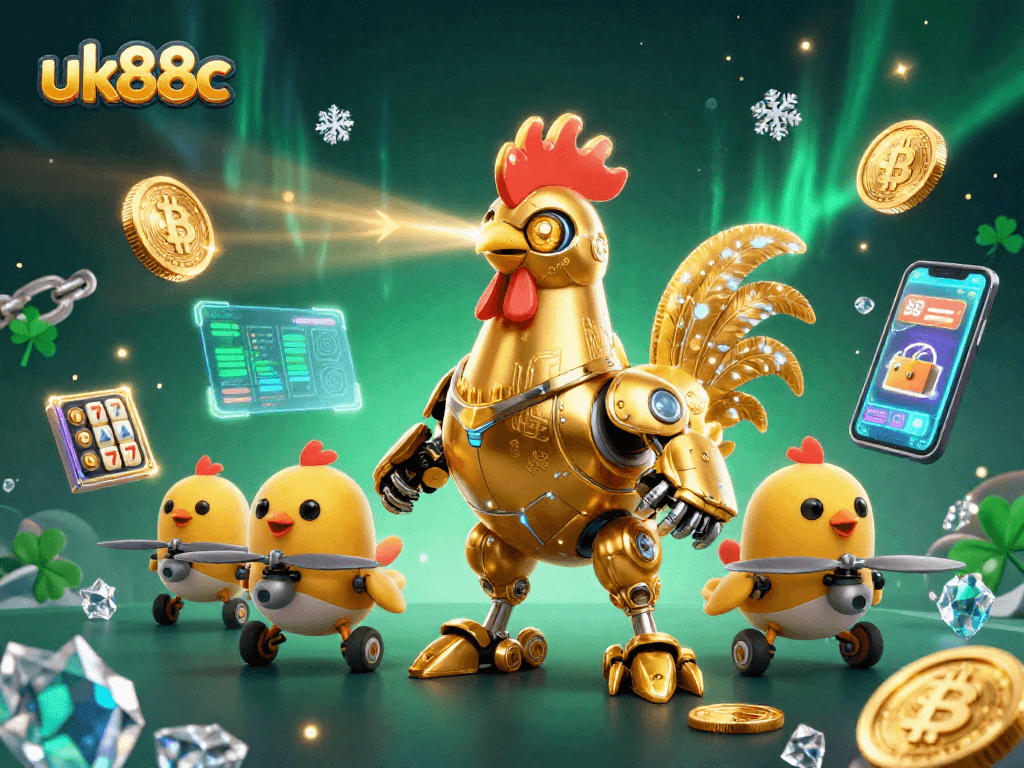 uk88c unleashes excitement with a golden rooster robot in a vibrant casino scene