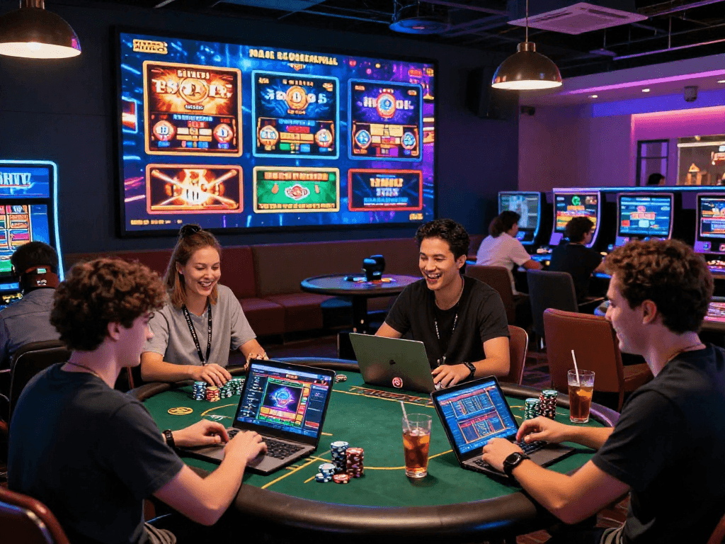 Ambiance de jeu captivante sur un site casino en ligne, joueurs enthousiastes profitant d'une expérience immersive.