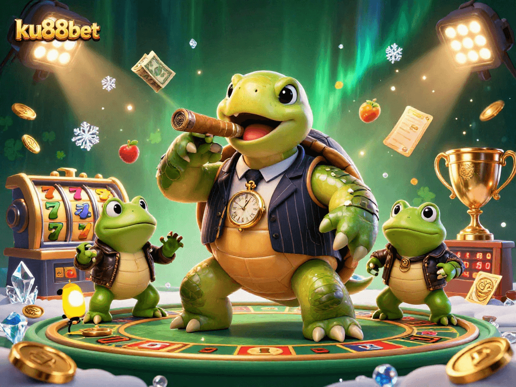 Experience thrilling action with ku88bet as a mobster turtle leads a dynamic casino scene.