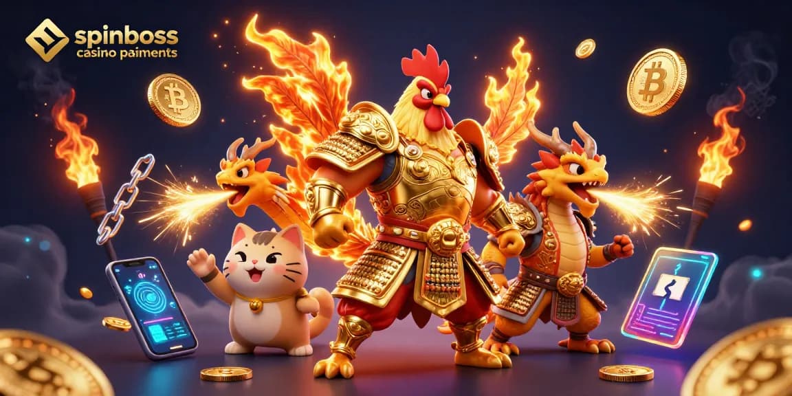 Visualisation captivante des paiements SpinBoss Casino, avec des personnages et des éléments de crypto-monnaies.
