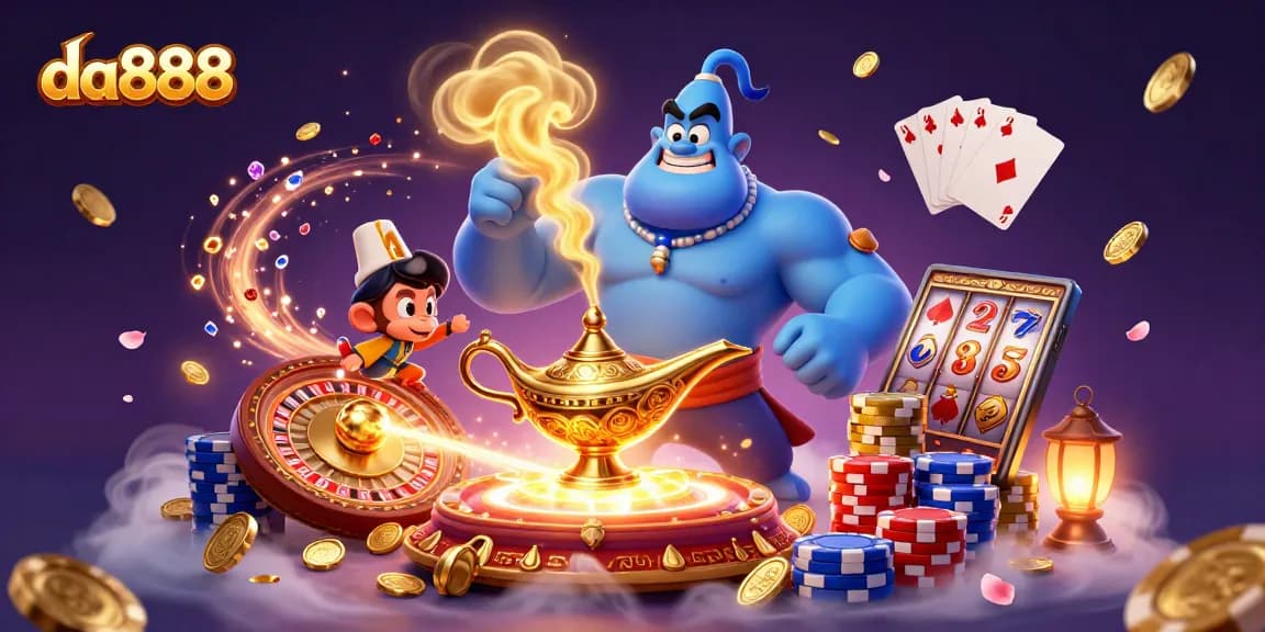Experience excitement at da888 with a lively 3D casino scene featuring a genie, treasure, and vibrant game elements.