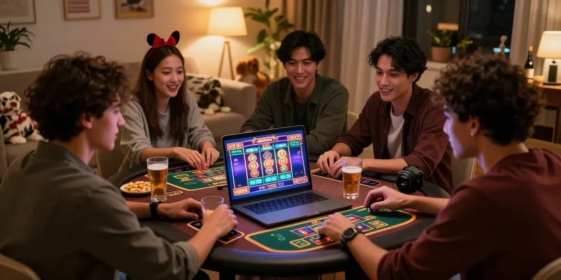 Amis jouant à un casino en ligne France dans une ambiance chaleureuse avec des lumières douces.