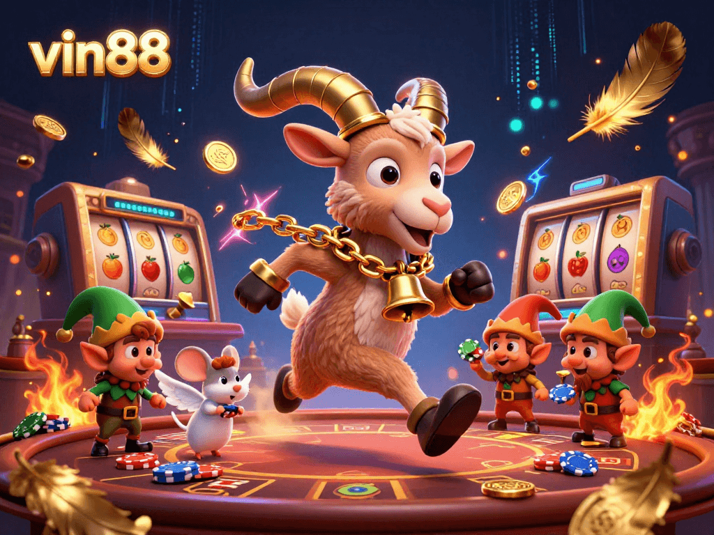 vin88 brings excitement as a Krampus goat rules a spooky holiday casino, with elfin mischief in the air.