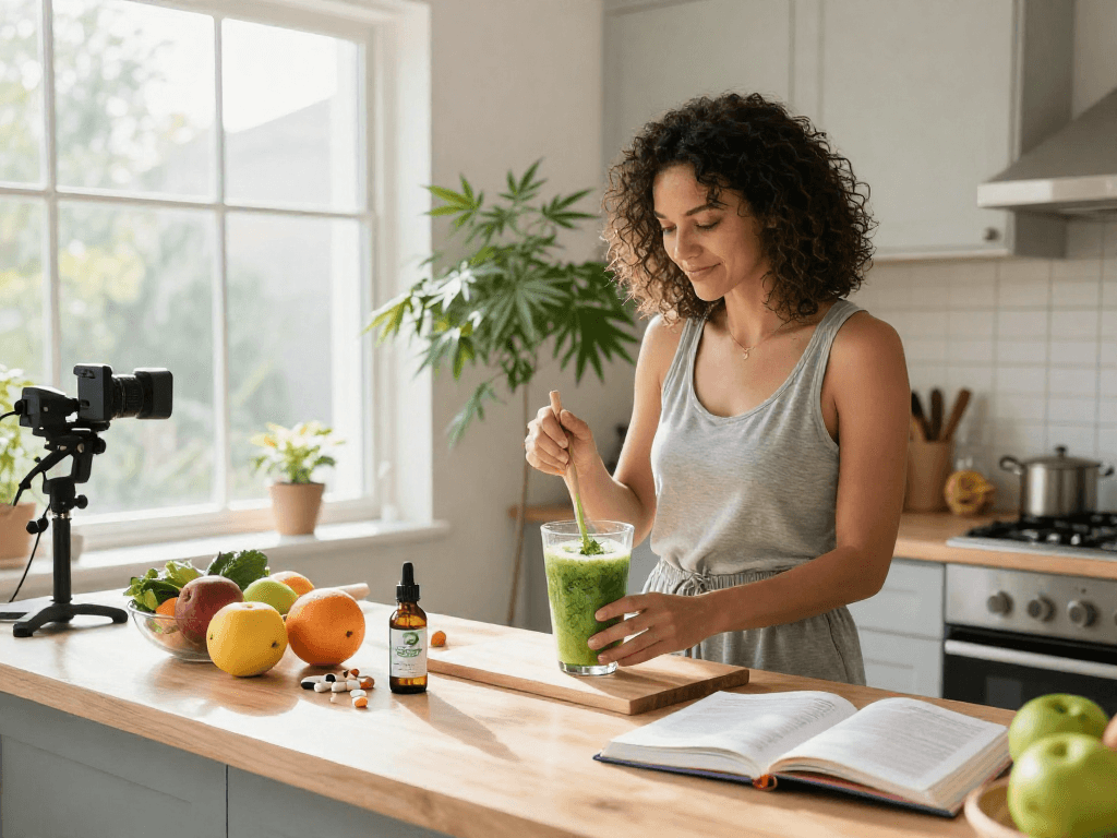 site casino en ligne : femme utilisant de l'huile de CBD dans une cuisine lumineuse et saine, entourée de plantes et de produits naturels.