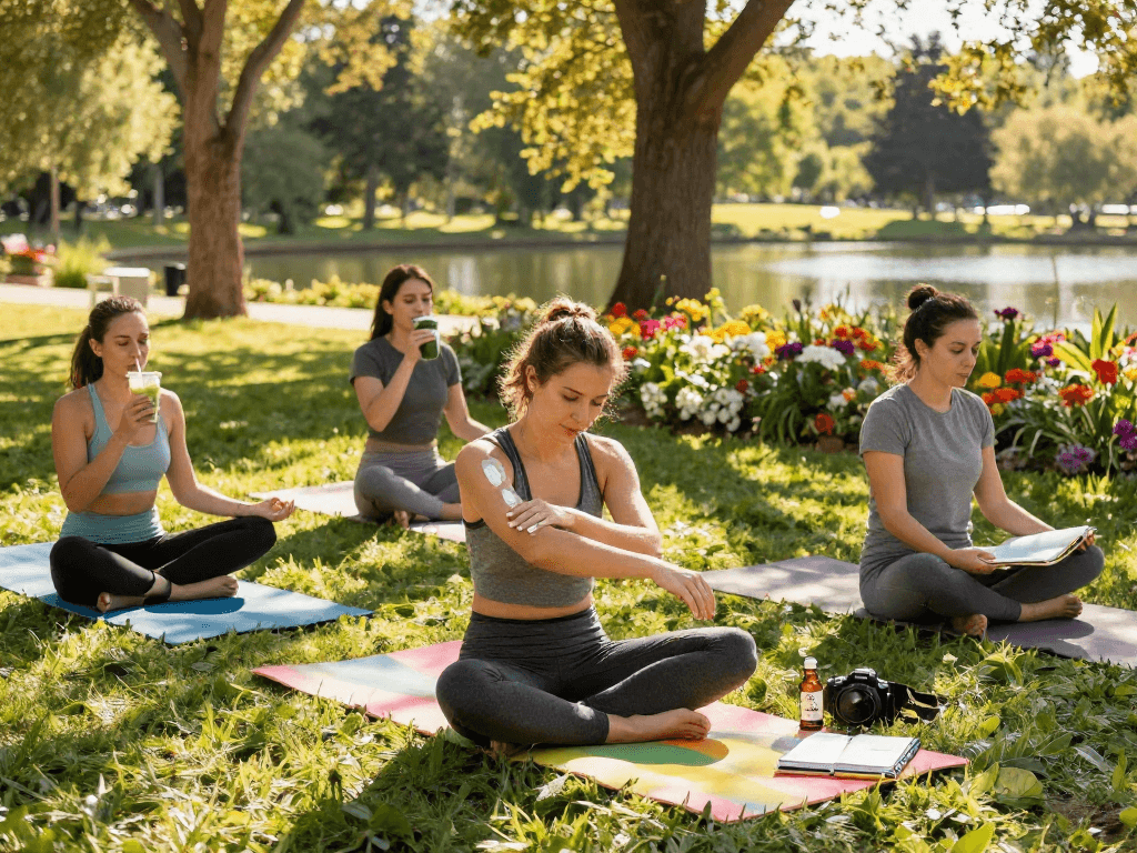 Bien-être naturel avec des amis utilisant du site casino en ligne pour une expérience relaxante, intégrant CBD et yoga en plein air.