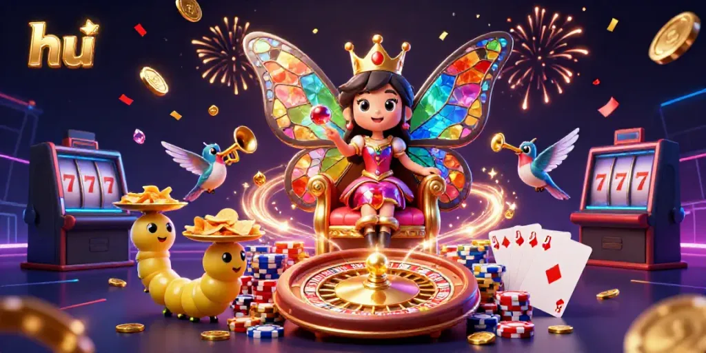Experience thrilling baccarat with vibrant hu visuals of the butterfly queen in a fantasy casino.