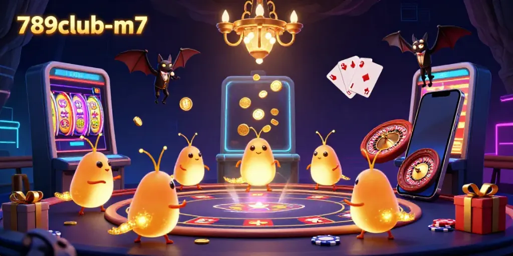 Experience the vibrant atmosphere of 789club-m7 with glowing glowworms and a bat dealer in this whimsical casino scene.