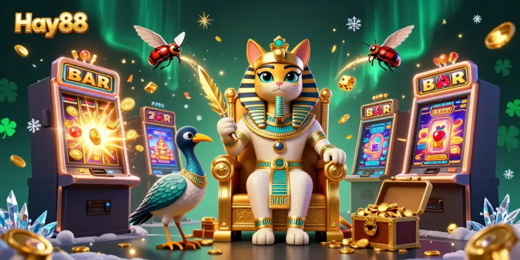 Experience the excitement of Hay88 casino with an Egyptian pharaoh cat amidst dazzling jackpots and vibrant gaming elements.