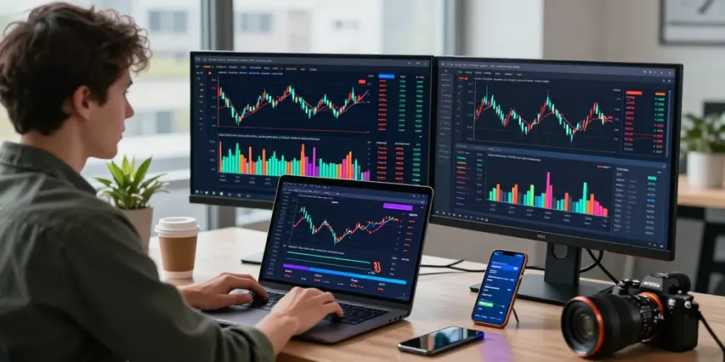 Interface de trading moderne sur la plateforme la-couponeau.com avec analyses de marché et ambiance technologique.