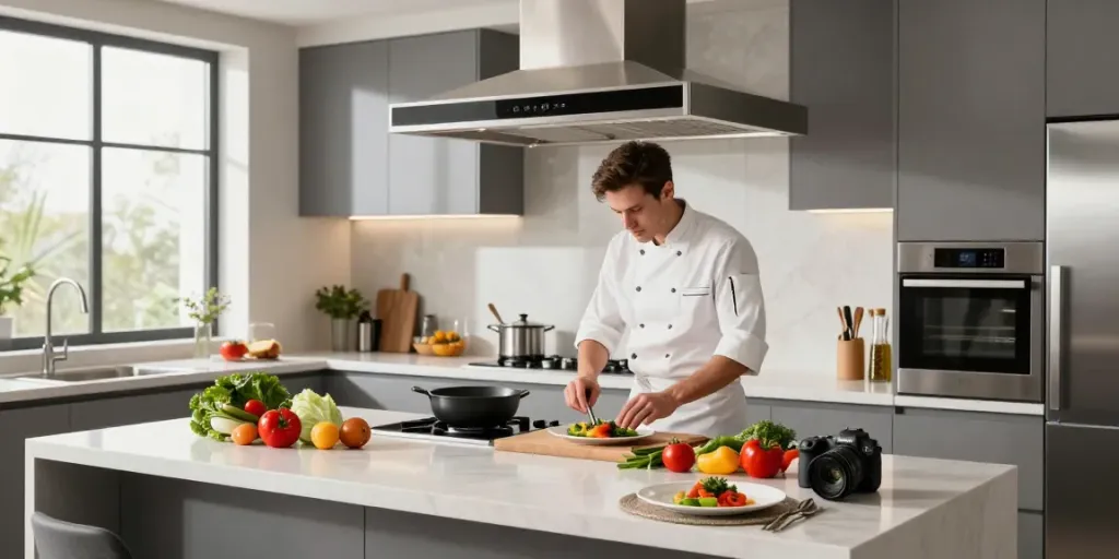 Hotte aspirante installée dans une cuisine moderne avec un chef préparant un plat gourmet.