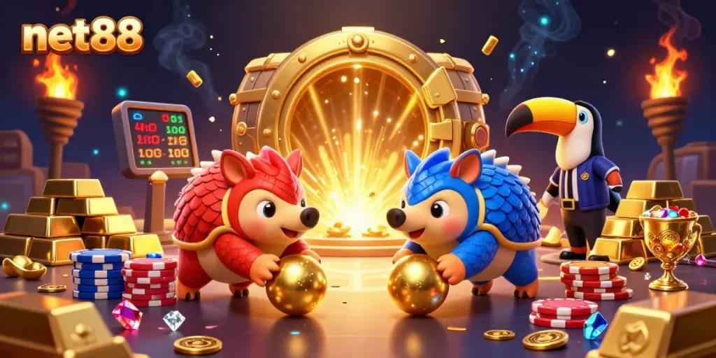 Engage in thrilling gameplay at net88 with colorful pangolins bowling through poker chips in a vibrant casino scene.