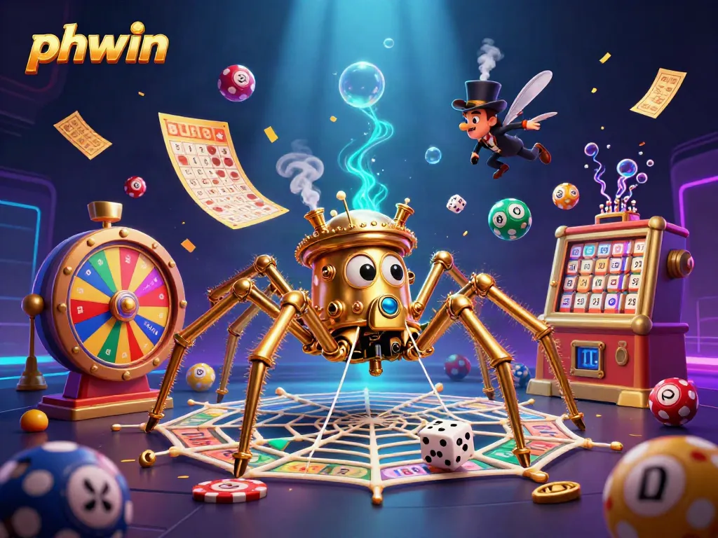 Experience the excitement of phwin with a dynamic 3D illustration of gaming elements and characters.