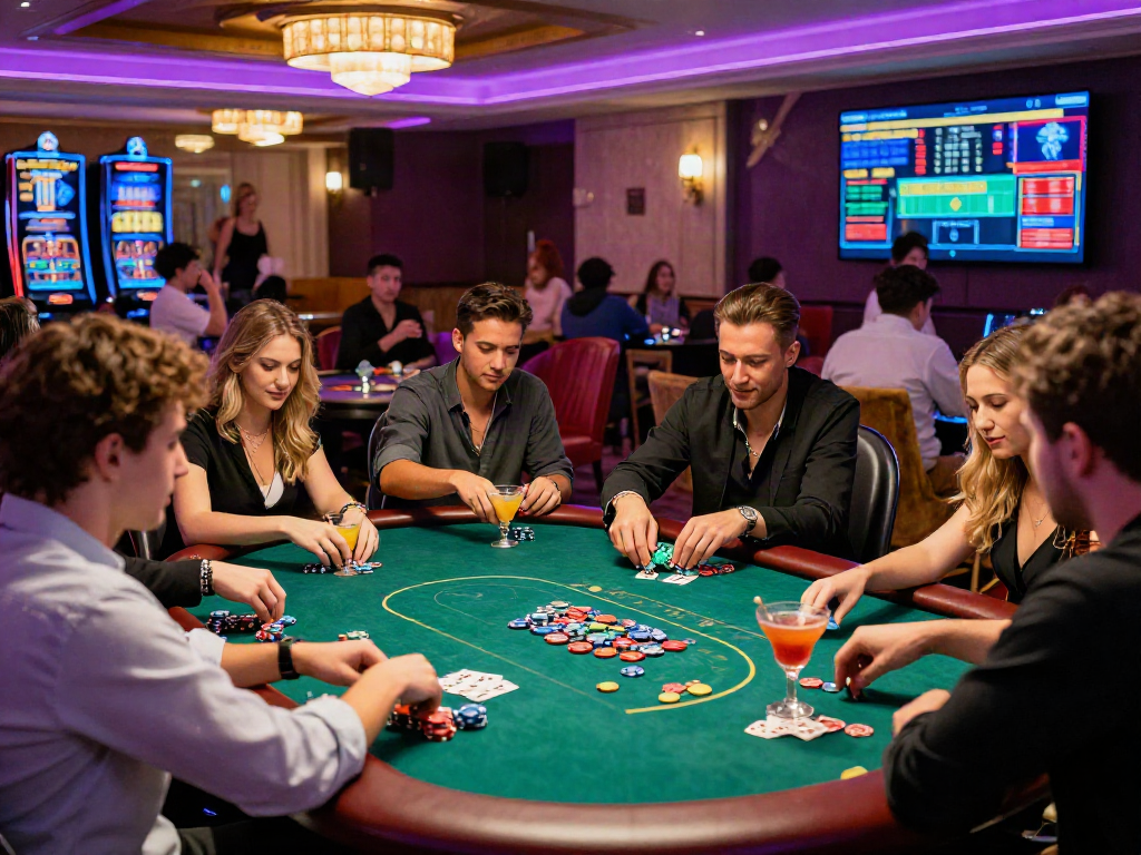 Scène de casino en ligne avec des amis jouant au poker, ambiance dynamique et élégante.