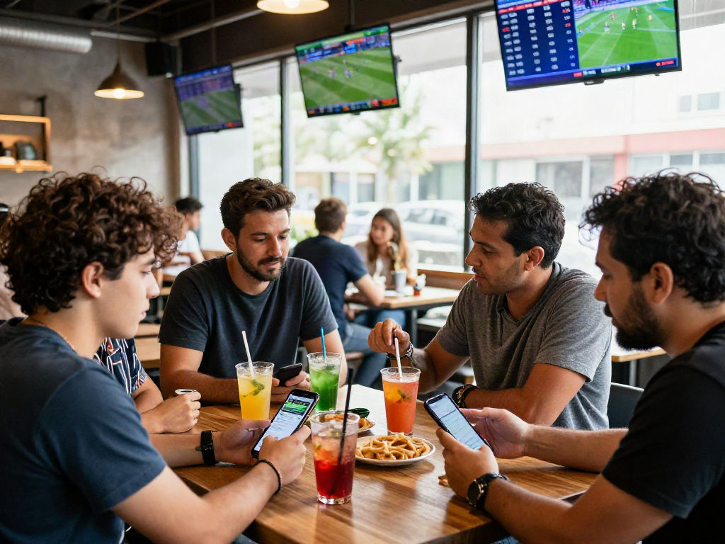 Mise en scène des meilleurs sites de paris sportifs avec des passionnés discutant des cotes tout en profitant de leur café.