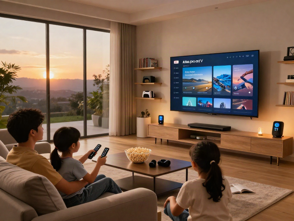 Configuration moderne pour l'Atlas pro ontv avec une famille profitant d'une soirée cinéma dans un salon confortable.