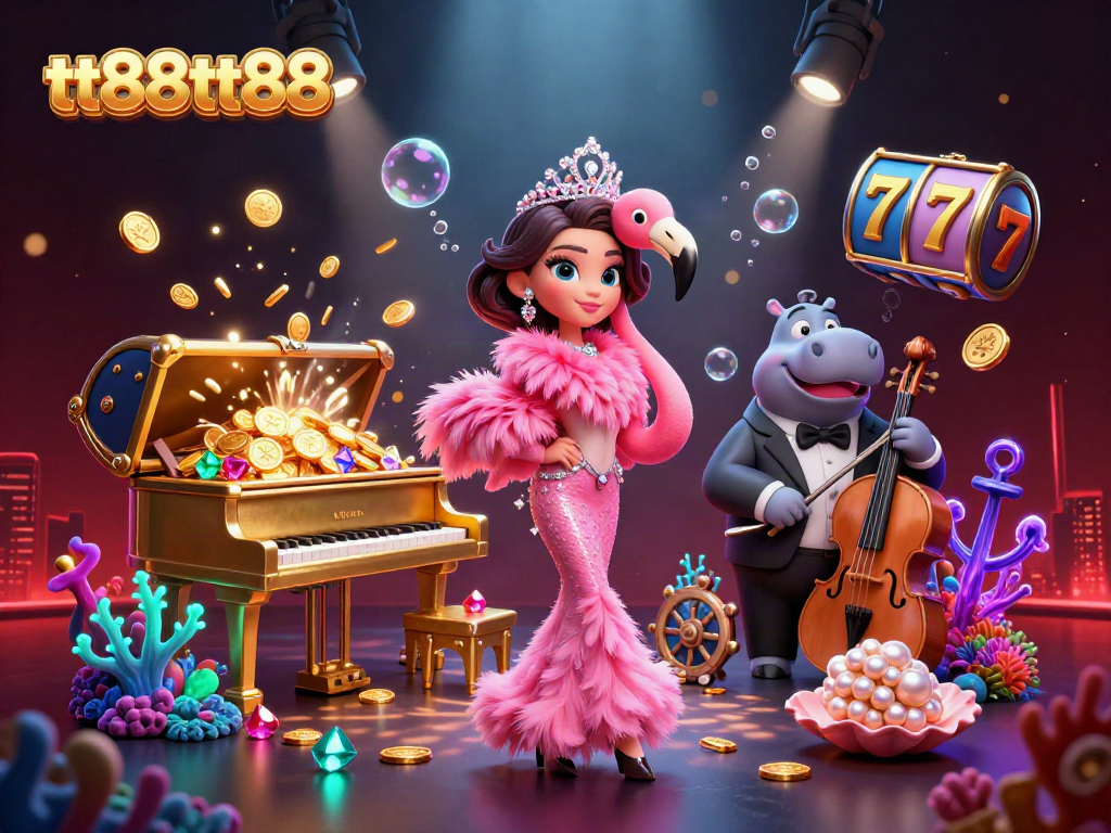 tt88tt88 casino scene with a flamingo singer and hippo bassist among vibrant gaming elements.
