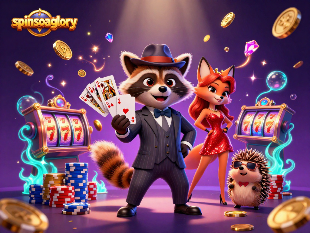 Experience spins of glory with a raccoon, fox, and hedgehog amidst vibrant casino elements.