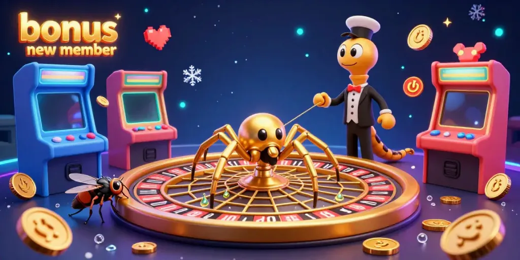 Engage in thrilling adventures with a bonus new member spinning at the casino web, where the golden spider and croupier bring vibrant gaming elements to life.