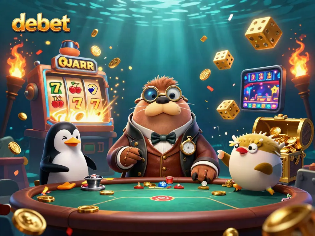 Join the fun at debet with jolly walrus playing poker in an underwater casino scene.