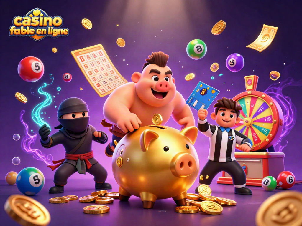 Illustration dynamique d'un casino fiable en ligne avec un sumo et un ninja, entourés de billets et de balles de loterie.