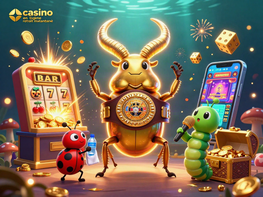 Gagnez avec casino en ligne retrait instantané, illustration dynamique de personnages et éléments de jeu animés.
