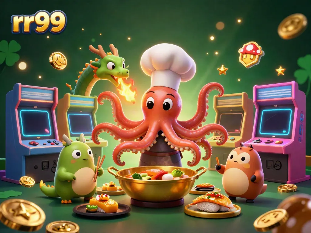 Engaging rr99 gaming scene featuring a sushi chef octopus, a dragon, and a tanuki in action.