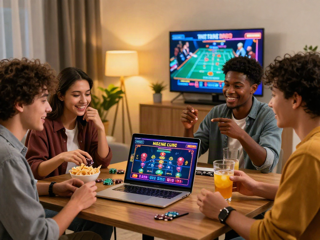 Groupe d'amis jouant aux casinos en ligne autour d'un ordinateur portable, ambiance sociale et festive.