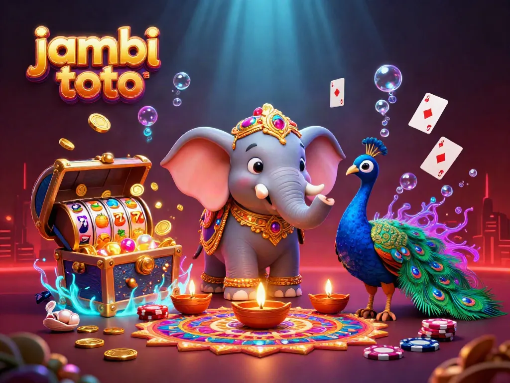 Experience the thrill of jambi toto with a vibrant casino-themed illustration featuring a Diwali-themed elephant and colorful gaming elements.