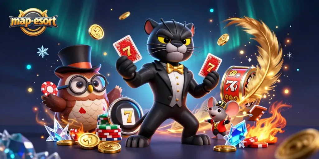Experience the excitement with map-escort as a stylish panther deals cards at a vibrant casino scene.