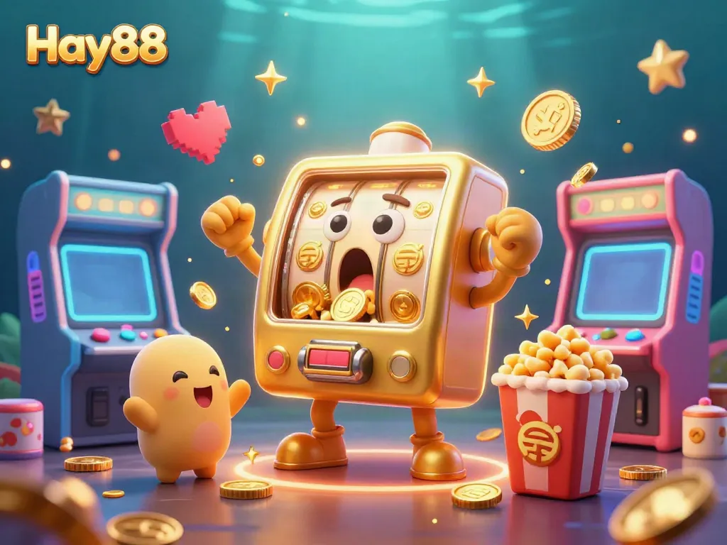 Engage with Hay88 as the golden slot machine celebrates a jackpot amidst glowing arcade games and exciting visuals.