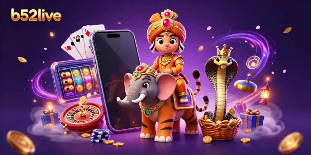 B52live offers an enchanting view of a cartoon maharaja tiger enjoying a vibrant casino scene.