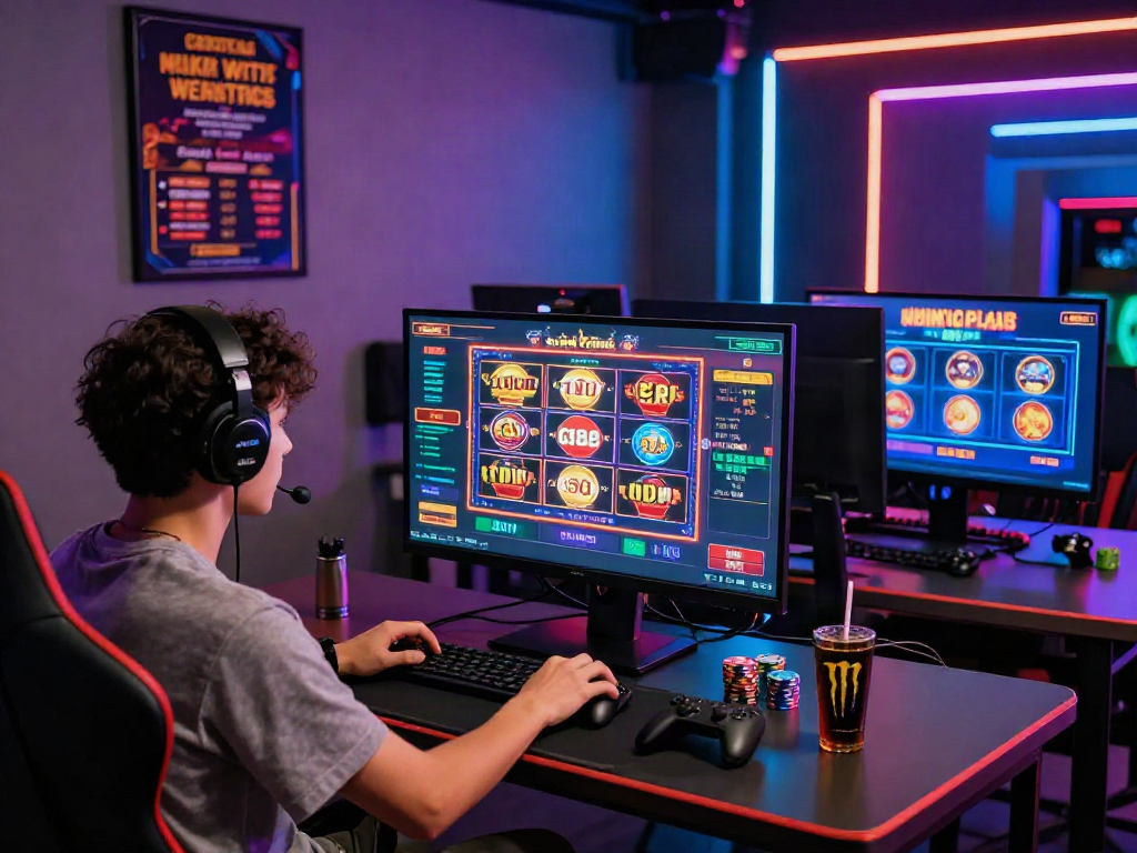 Utilisateur jouant au meilleur casino en ligne avec des jeux divers sur plusieurs écrans et une ambiance lumineuse captivante.