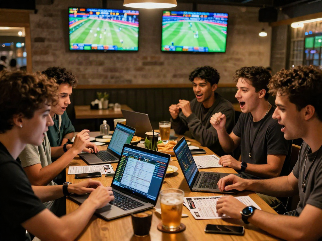 Scène de paris sportifs avec amis analysant les meilleurs sites de paris sportifs dans un café animé.