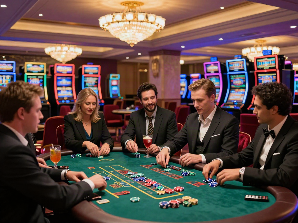 Jeu au casino français en ligne avec des joueurs autour d'une table de blackjack, ambiance luxueuse et animée.