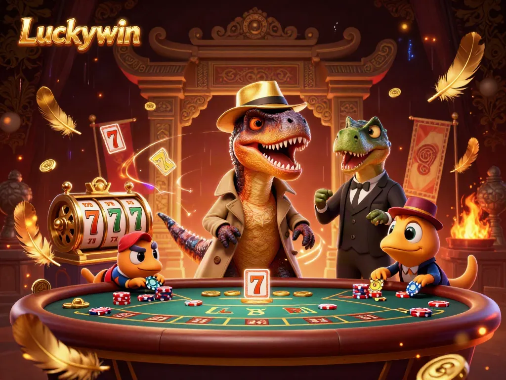 Experience Luckywin with a cartoon velociraptor card counter and slot game elements in a vibrant casino scene.