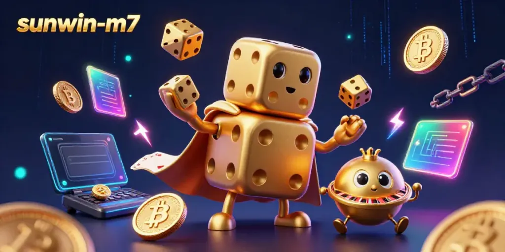 Experience excitement with sunwin-m7 in a dynamic 3D casino illustration showcasing golden dice and crypto elements.