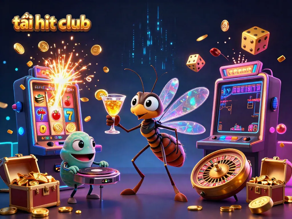 Experience the thrill of tải hit club as you engage with an animated 3D casino scene featuring a unique frozen mosquito mascot and a trilobite DJ.