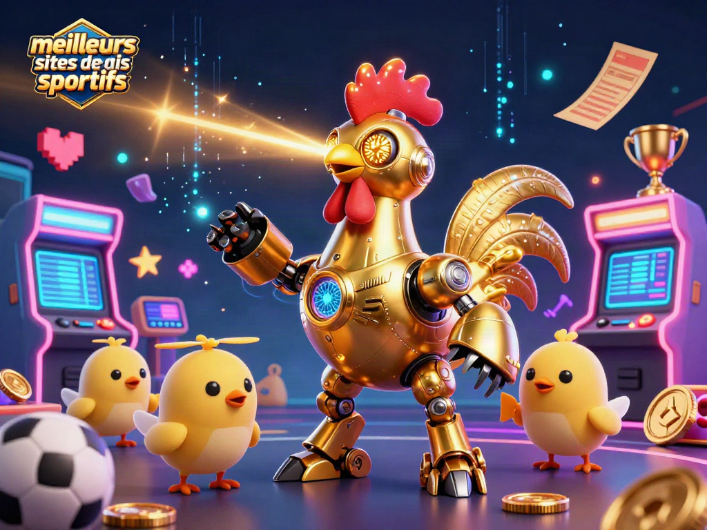 Illustration des meilleurs sites de paris sportifs avec un robot coq doré et des drones poussant de l'énergie et des paris.