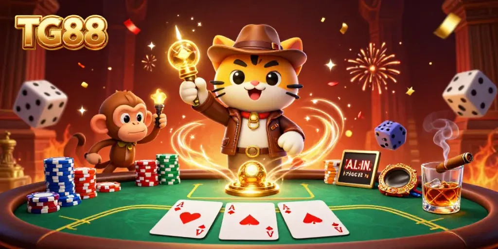 Engage with the captivating TG88 casino adventure featuring an archaeologist cat, treasure, and dynamic poker elements.