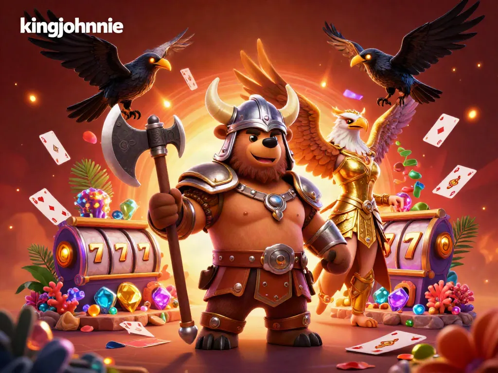 Experience the excitement at kingjohnnie with a dynamic scene of Vikings and casino elements.