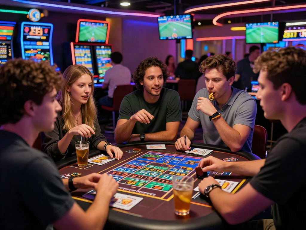 Meilleurs sites de paris sportifs réunissant des amis autour d'une table de jeu dans un casino animé.