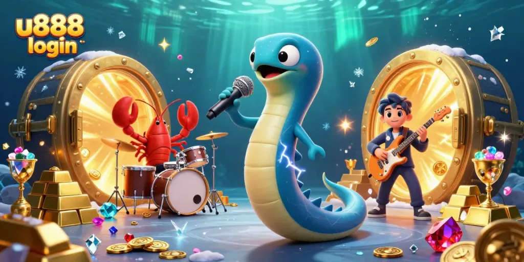 Engage in exciting gameplay at u888 login with an electrifying underwater casino scene featuring lively characters and treasures.